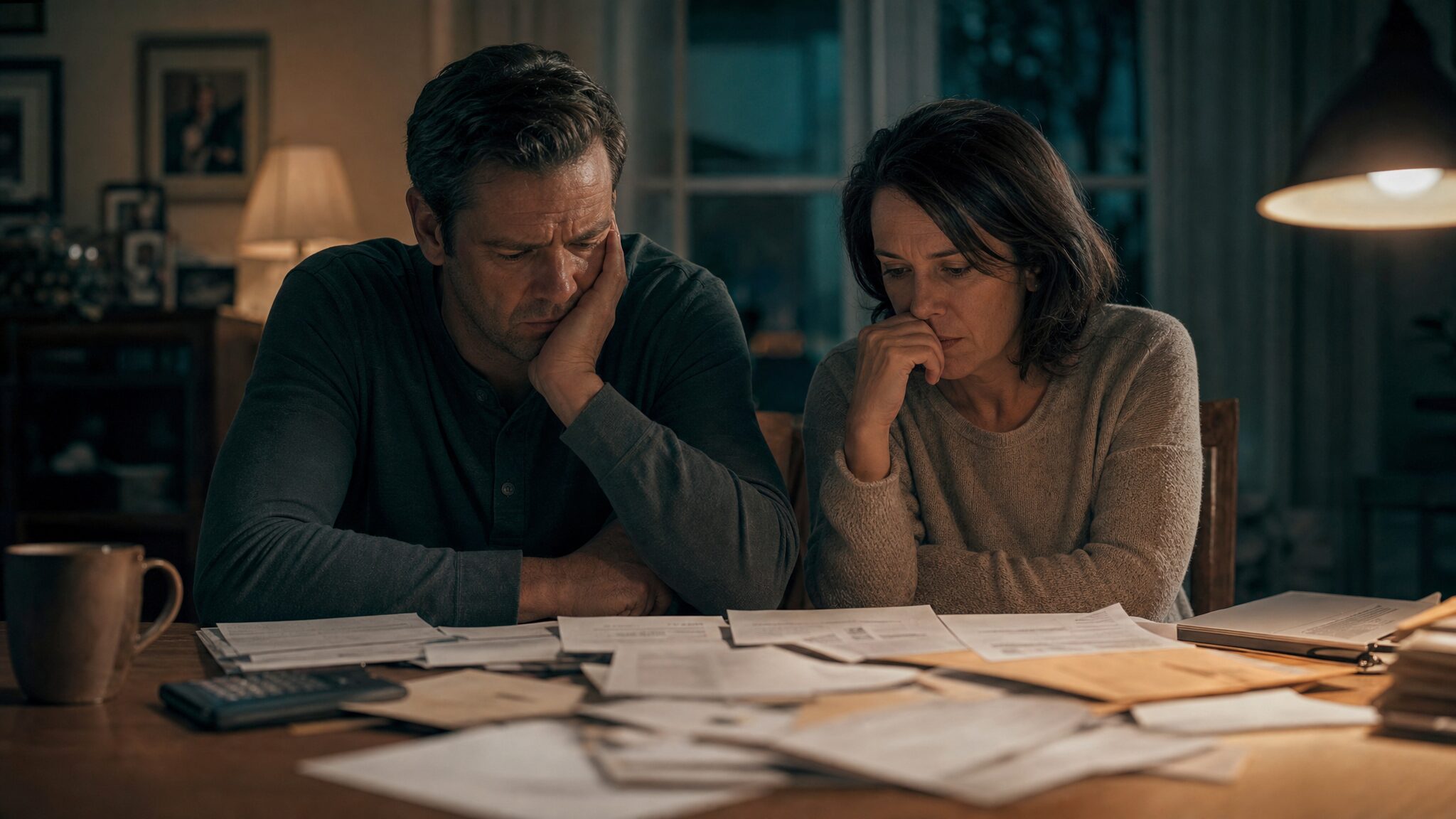 A [State] couple struggles with medical bills and denied-claim paperwork at their kitchen table.