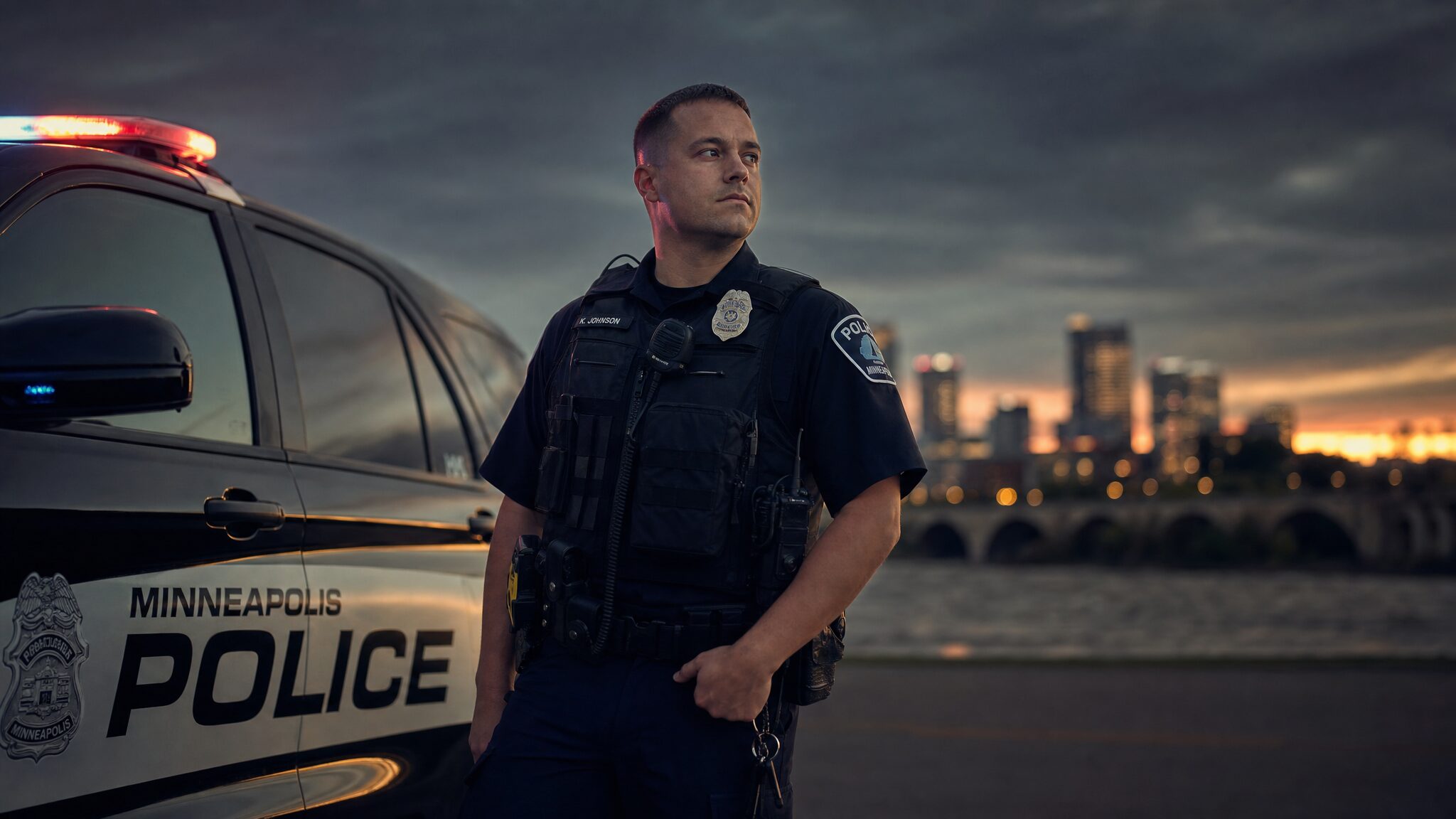 Minneapolis police officer standing beside a squad car at dusk with the city skyline behind