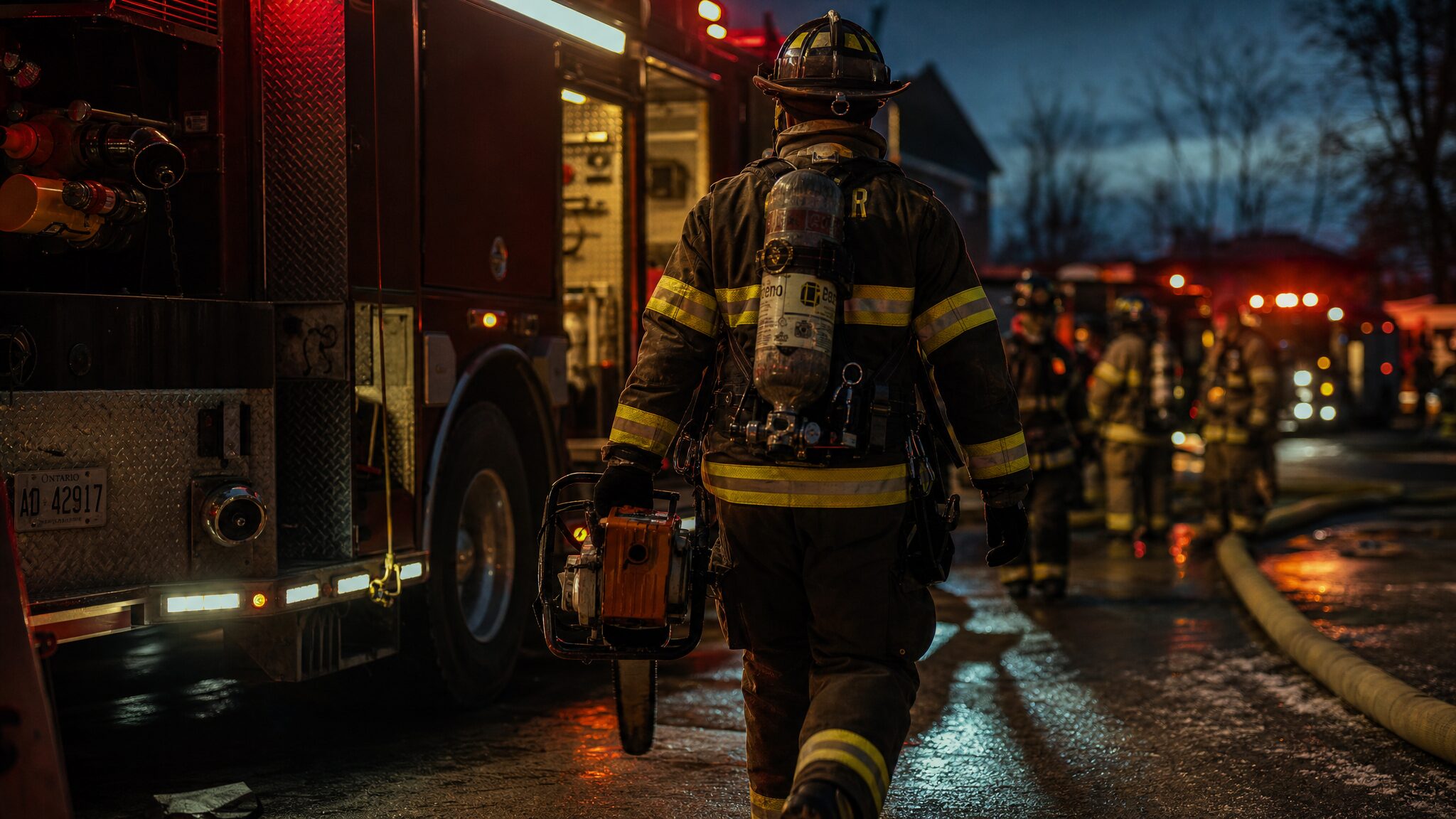 Firefighter in full turnout gear and SCBA walking toward an apparatus at a night scene